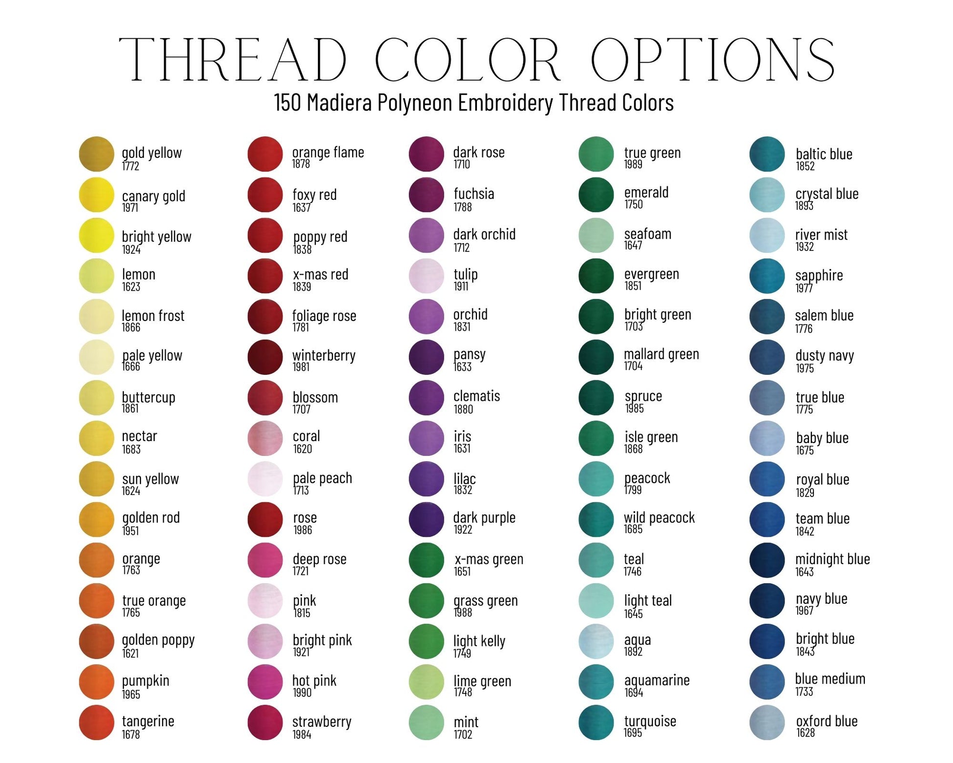 Color chart for Madierea Polyneon Embroidery Thread with thread color options.