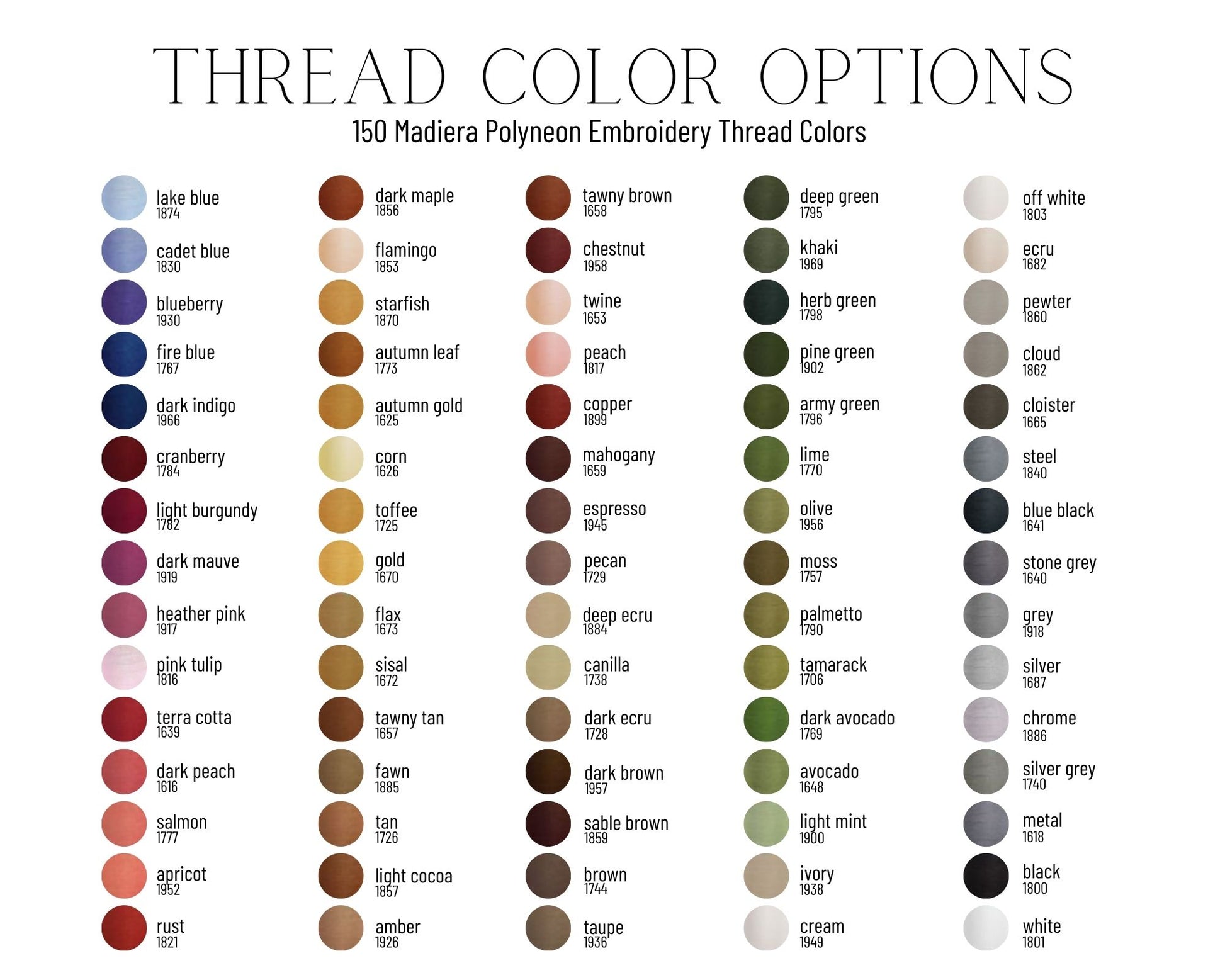 Color chart for embroidery thread options with text and color swatches.