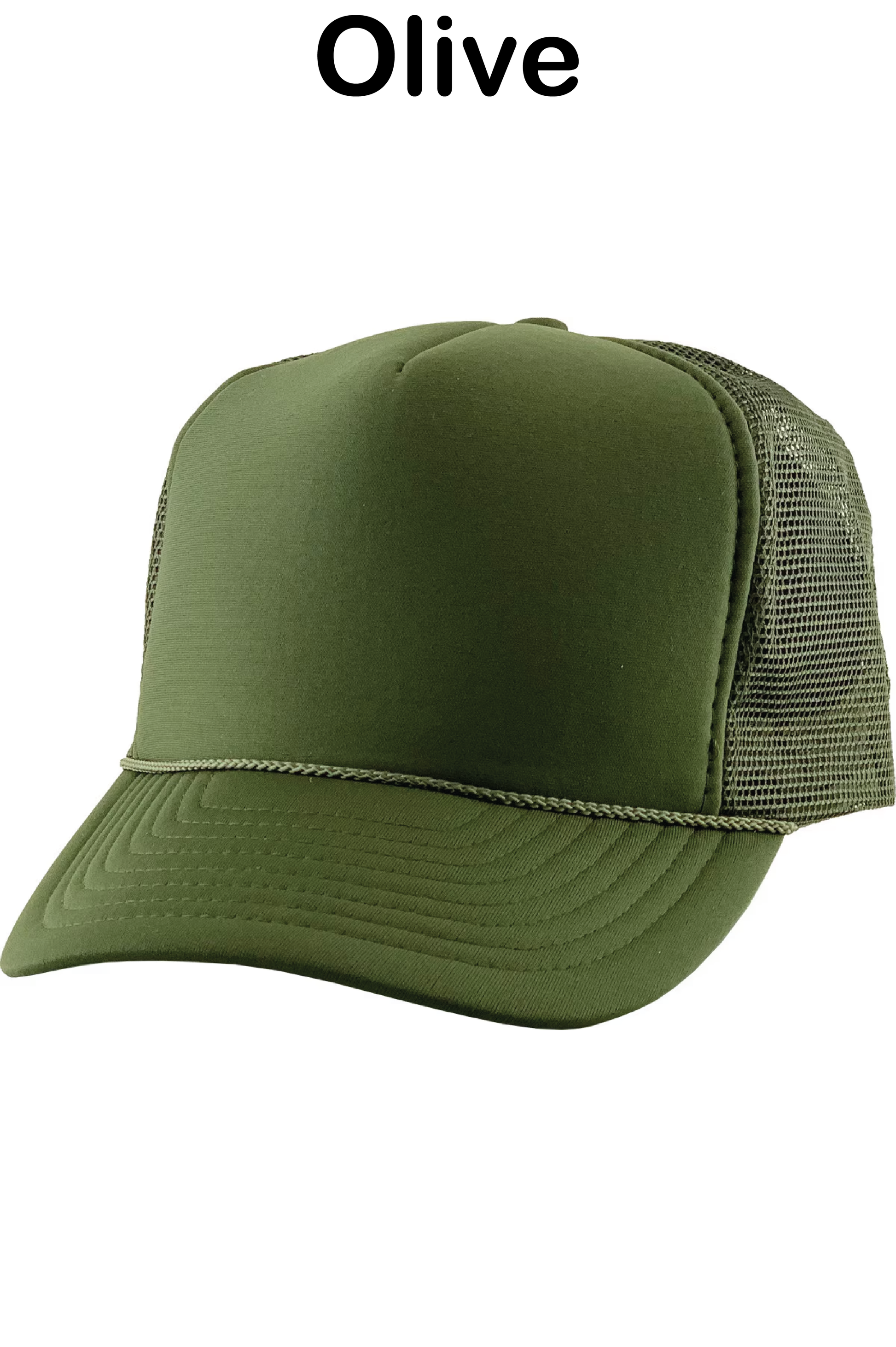 Olive green trucker cap on a white background with 'Olive' text above.