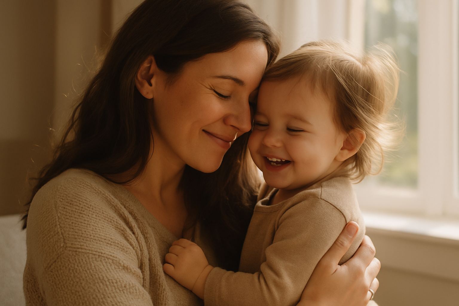 mom and son hug smiling and loving