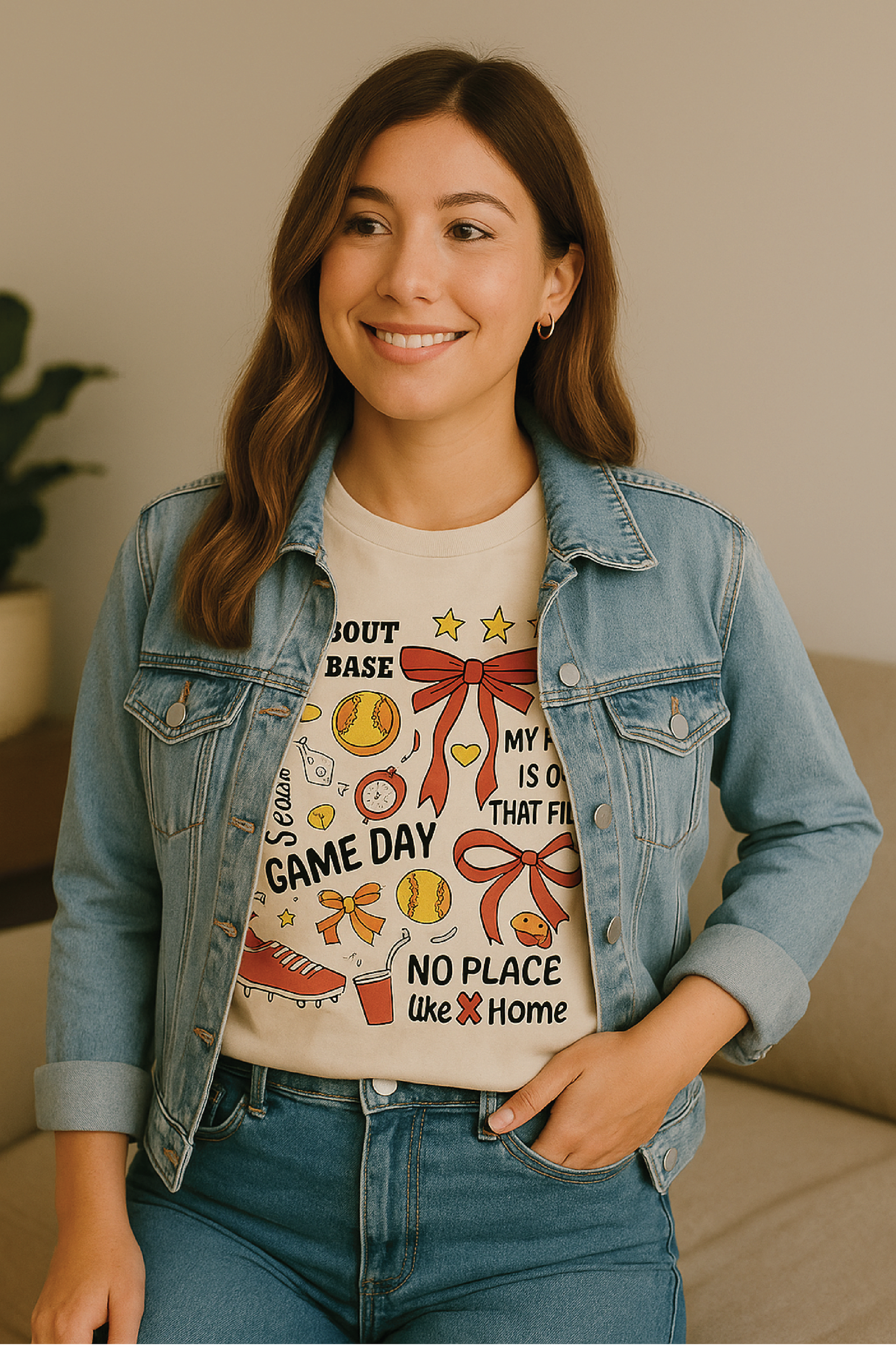 1._992hx600w_ofthesamewomanwearingthesamet-shirtandalightdenimjacketoverit.She_sstandingnexttothecouch_smilingwarmly_withsoftshadowsandabeige-tonedbackground.