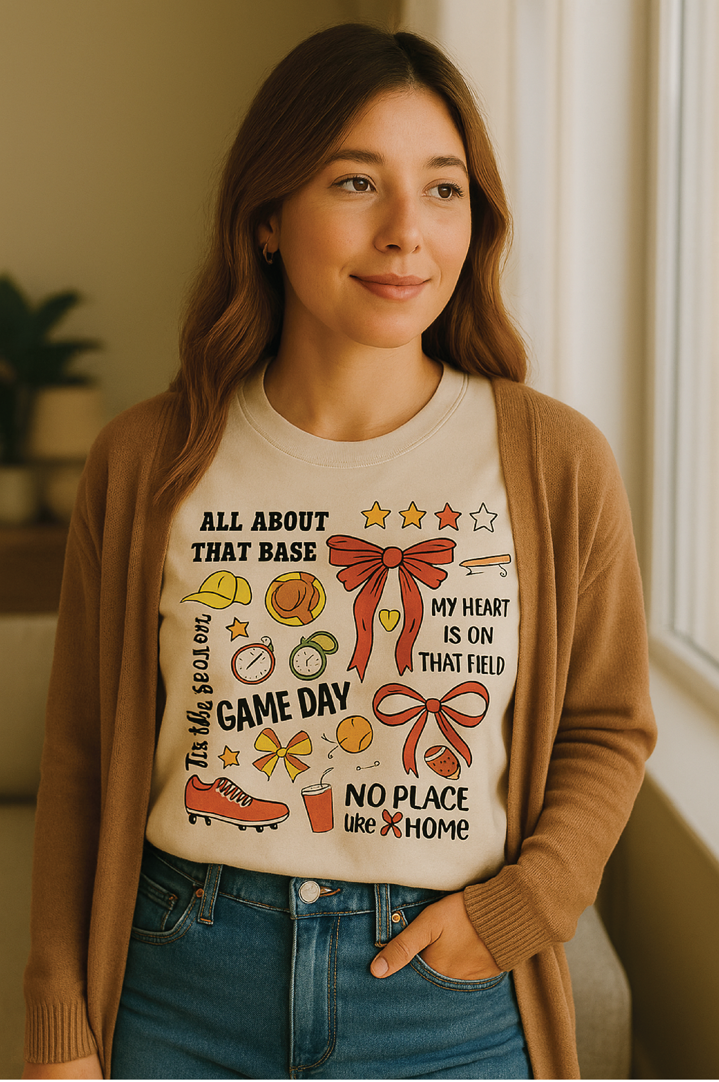 Woman wearing a t-shirt with sports-themed graphics and text, standing indoors.