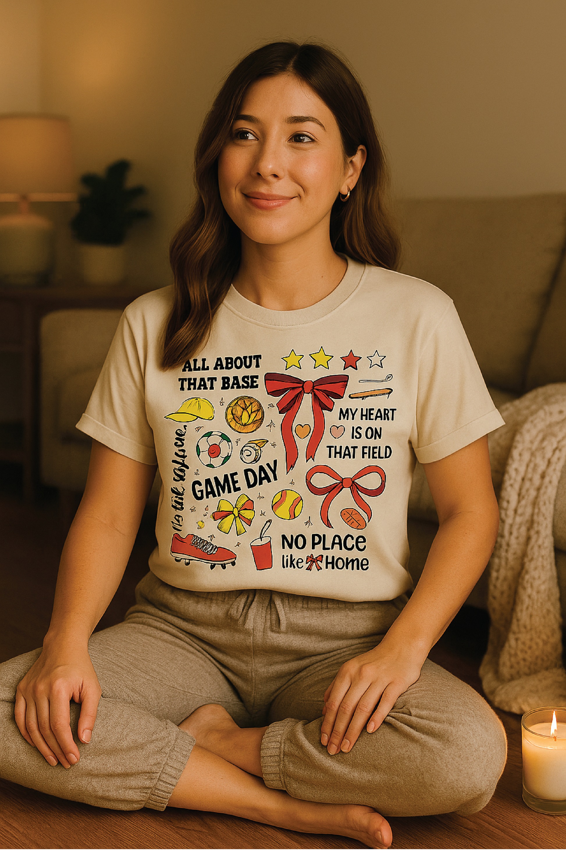 Woman wearing a t-shirt with various graphics and text, sitting on the floor.