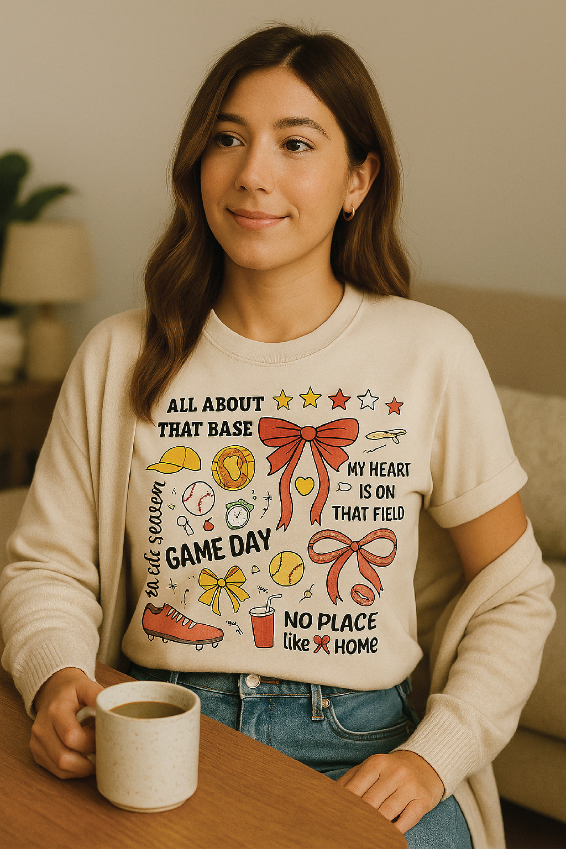 Woman wearing a graphic sweatshirt with text and graphics, sitting at a table with a mug.