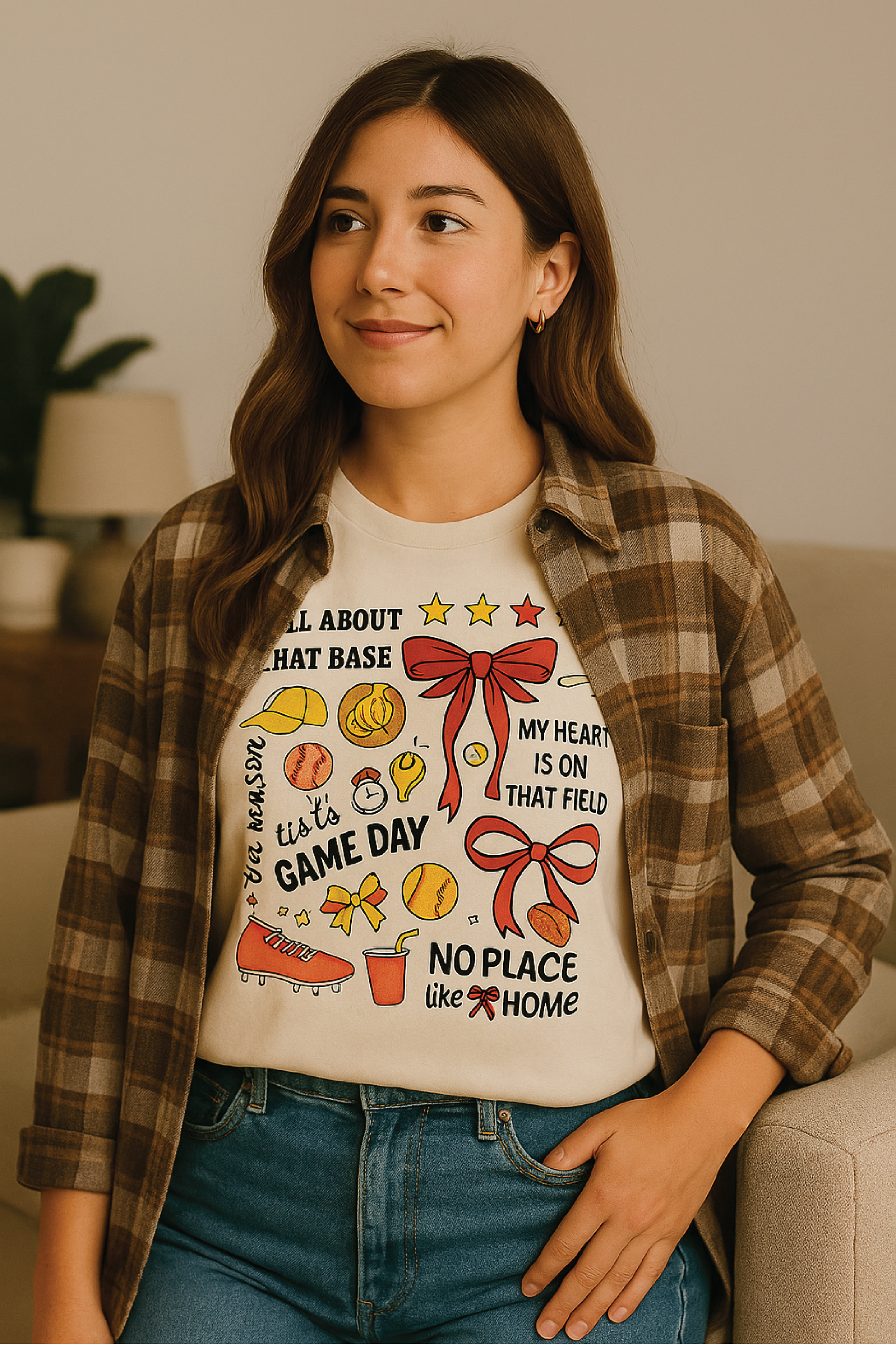 Woman wearing a graphic t-shirt with text and symbols, sitting on a couch.