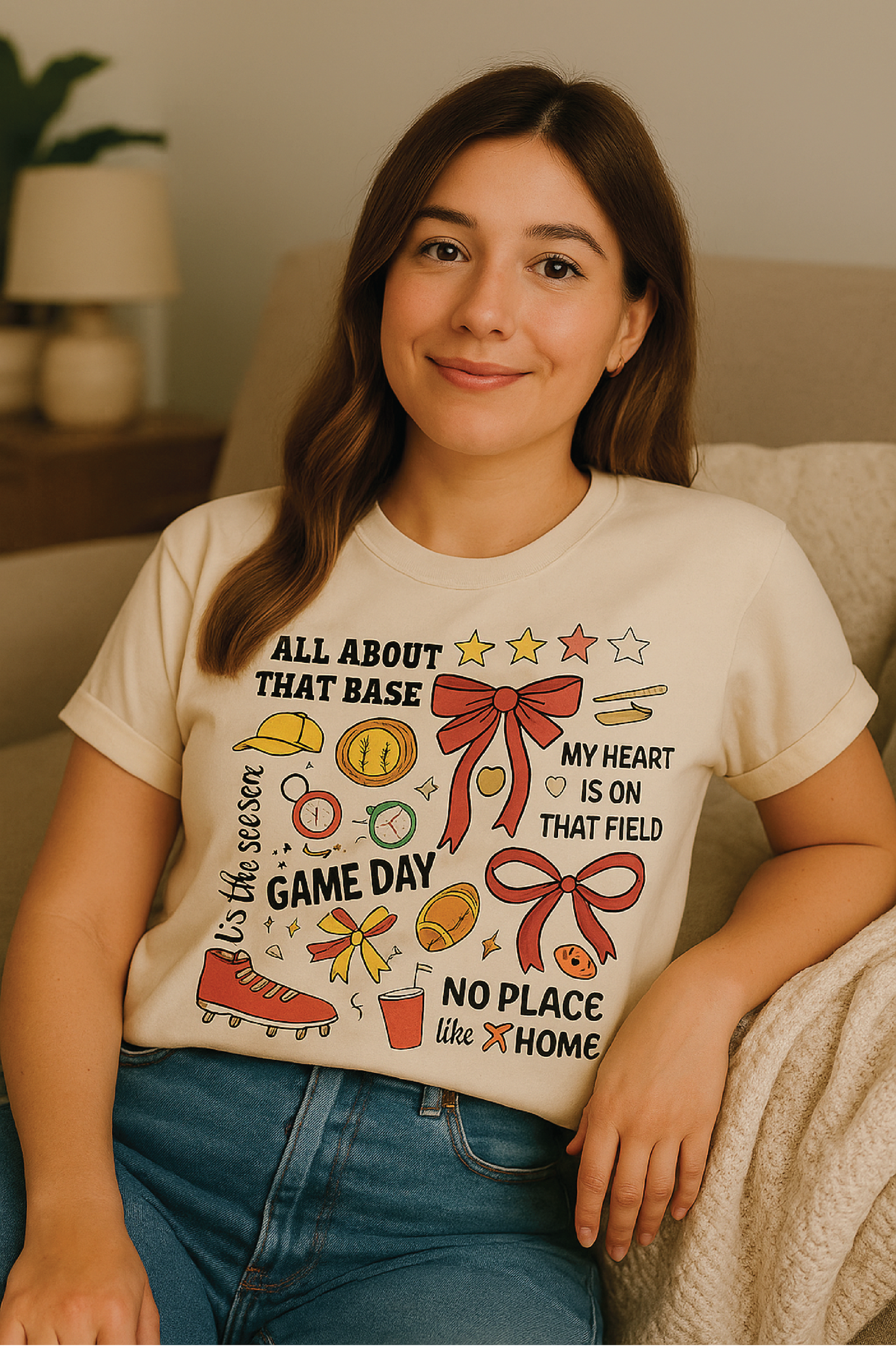 Woman wearing a t-shirt with sports-themed graphics and text, sitting on a couch.