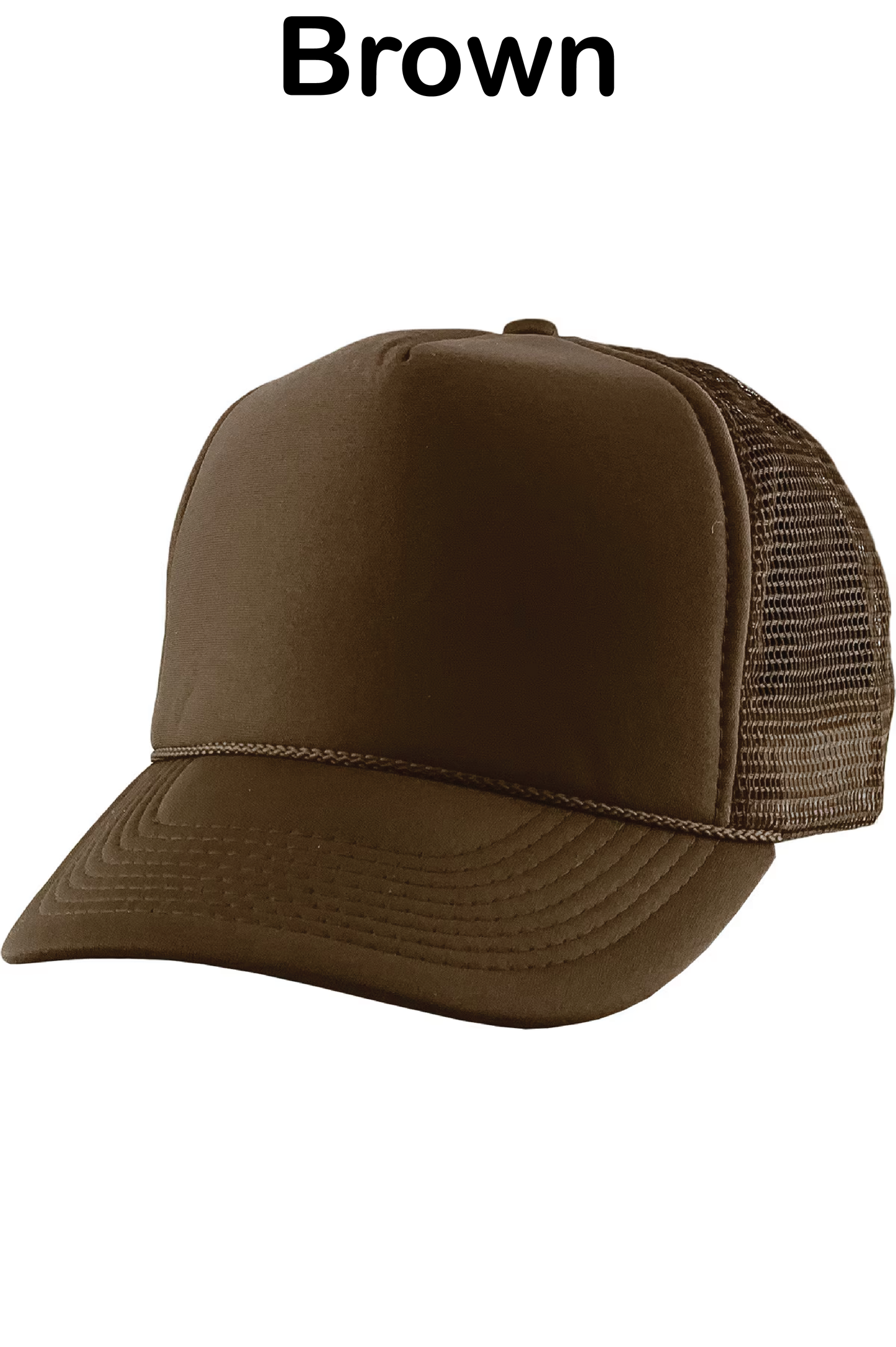 Brown trucker cap on a white background with 'Brown' text above.