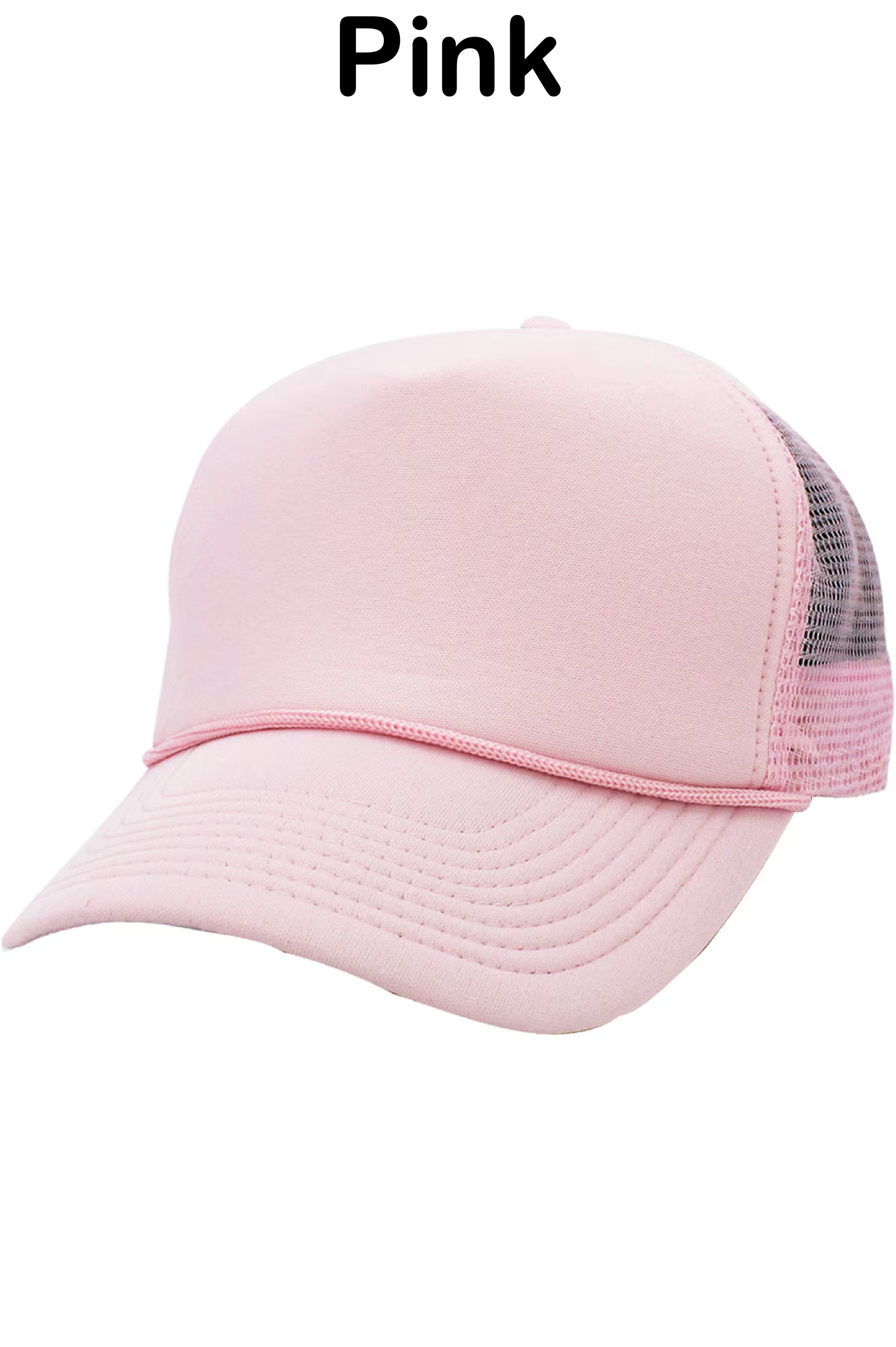 Pink trucker cap on a white background with 'Pink' text above.