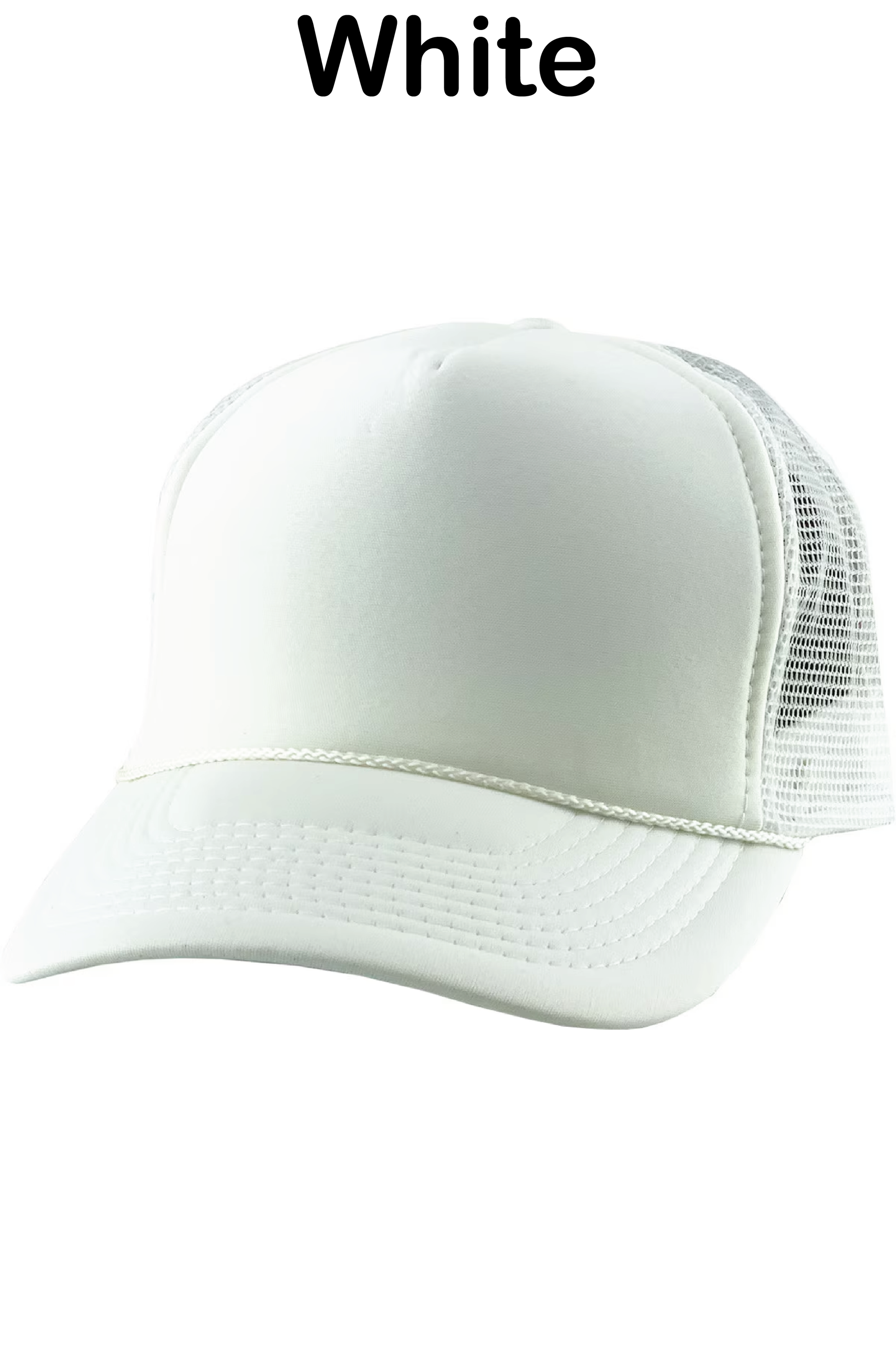 White trucker cap on a white background with the word 'White' above it.