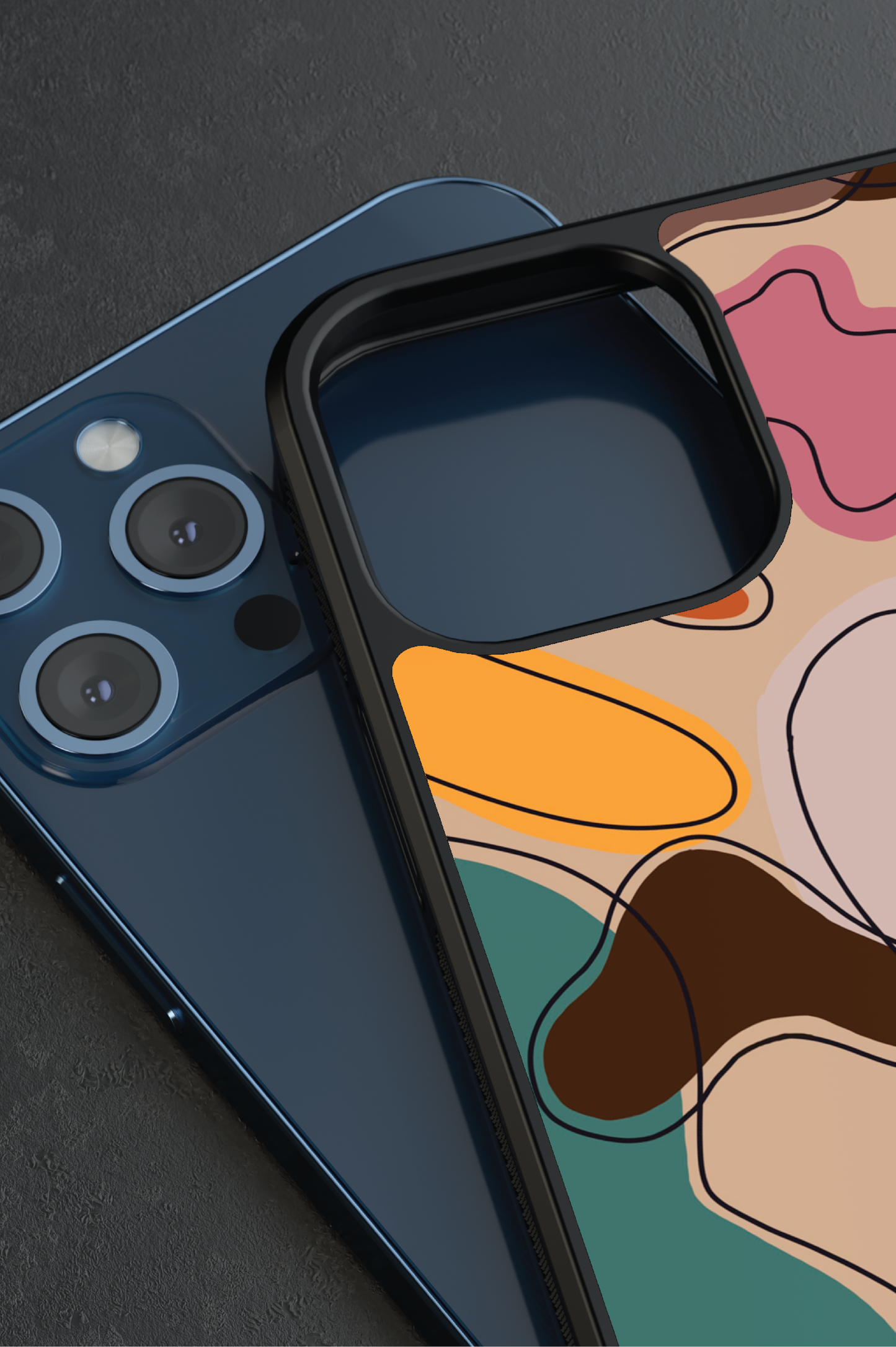 custom phone case, premium phone case, durable materials, precise cutouts, raised edges, abstract multicolor design, environmentally friendly, low environmental impact materials, wide range of phone models, unique style.